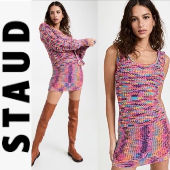 Last Chance NWT STAUD Mini Gardenia Knit Dress in Sunset L - Picture 2 of 15